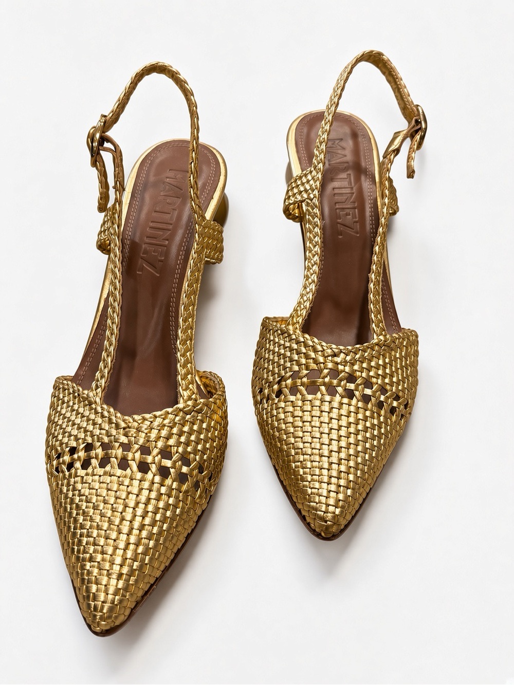 Souliers Martinez Gold Woven Leather Slingback Heels 38